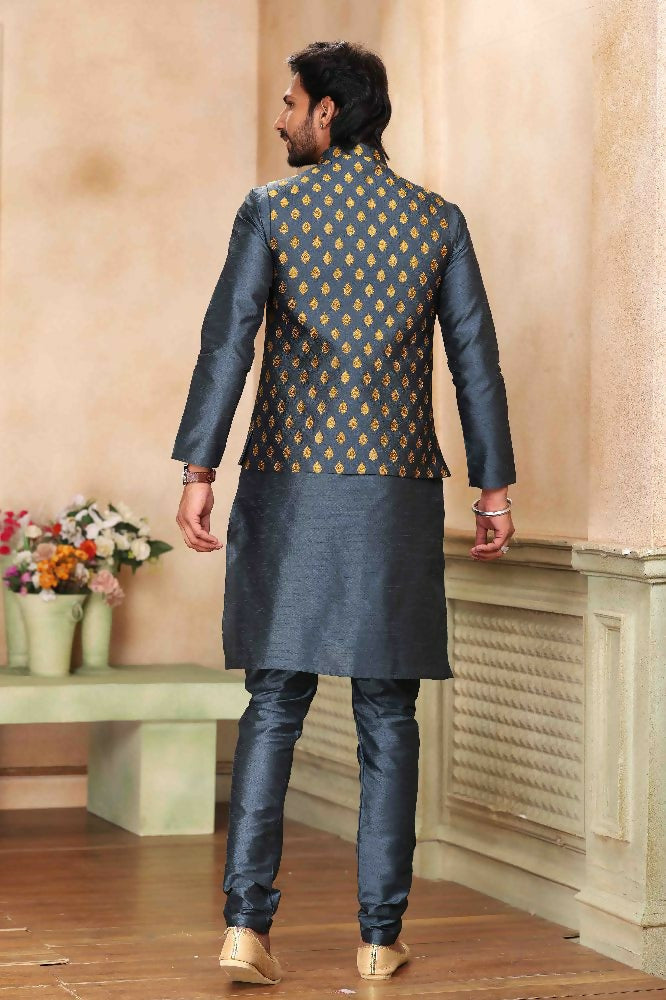 Raivat Ethnic Jacquard Banarasi Silk Woven Work 3 Pics Jacket Set In Dark Grey Colour | Grocsy
