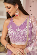Eilara Women'S Lavender Butterfly Net White Cotton Thread And Zari Sequence Embroidered Work Lehenga Choli For Wedding | Grocsy