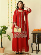 Myshka Women's Red Georgette Kurta & Skirt With Dupatta Party Sets | Grocsy