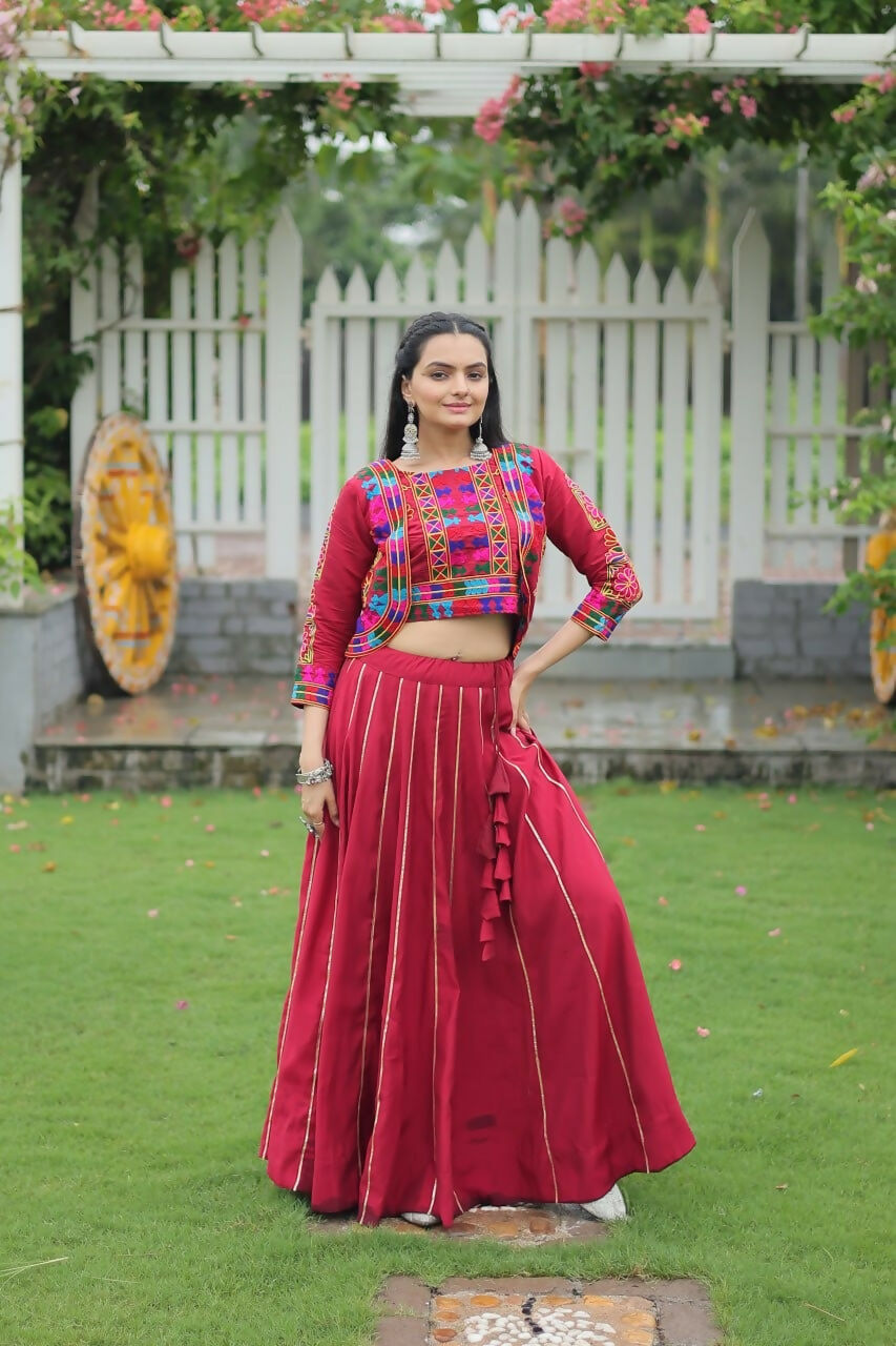 Teeya Creation Maroon Colour Roman Silk With Gamathi Work Navratri Lehenga Choli | Grocsy