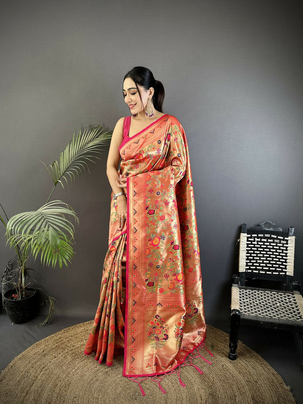 Joban Fashion Peach Floral & Leaf Motifs Soft Silk Paithani Saree | Grocsy