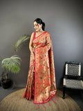 Joban Fashion Peach Floral & Leaf Motifs Soft Silk Paithani Saree | Grocsy