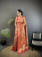 Joban Fashion Peach Floral & Leaf Motifs Soft Silk Paithani Saree | Grocsy