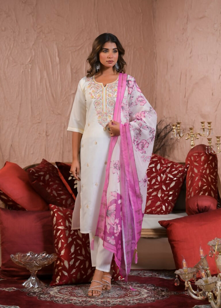 Ethnic Festive Wear Viscose Chanderi Off White Stitched Suit With Dupatta - Tanisha | Grocsy