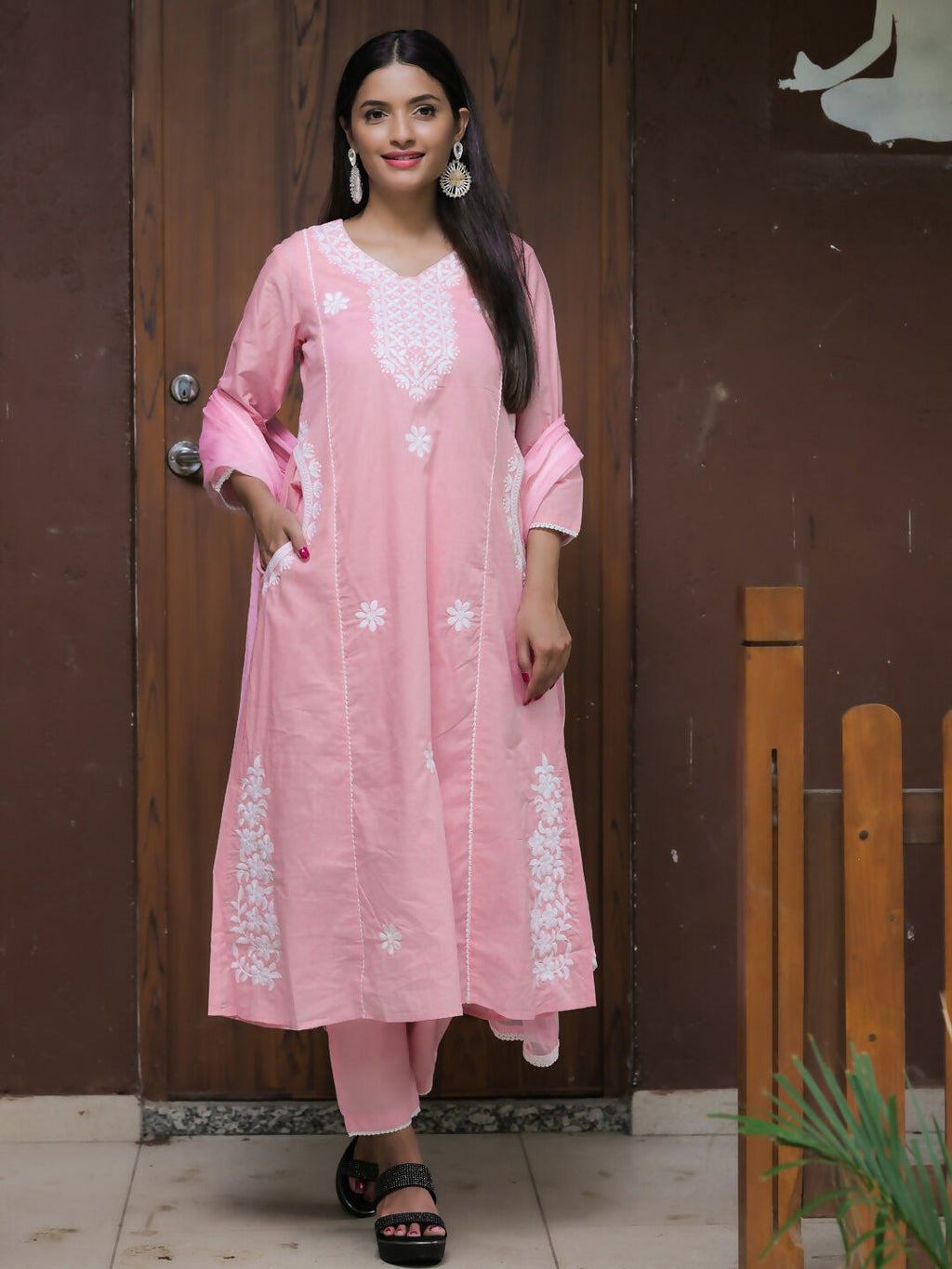 The52 Women's Beautiful Thread Work Cotton satin Fabric Flared Kurta Pant and Dupatta Set | Grocsy