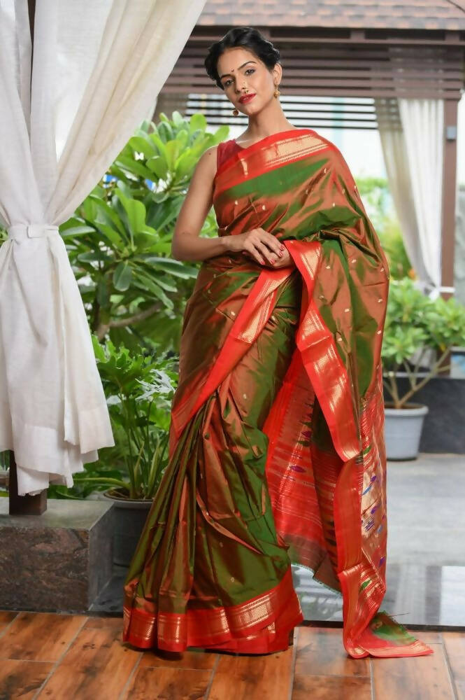 Very Much Indian Pure Silk Yeola Handloom Green Red Dual Tone - Paithani Saree With Traditional Double Pallu | Grocsy