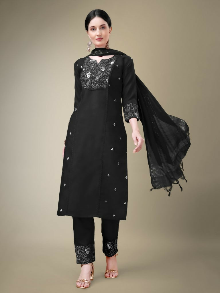 Jyoti Fashion Women's Black Cotton Blend Embroidery & Fancy Lace work Kurta with Trouser & Dupatta | Grocsy