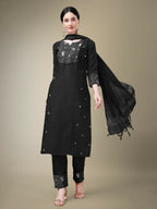 Jyoti Fashion Women's Black Cotton Blend Embroidery & Fancy Lace work Kurta with Trouser & Dupatta | Grocsy