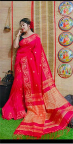 Exclusive Collection Beautiful Red Pure Cotton Woven Handloom Saree With Running Blouse Piece | Grocsy
