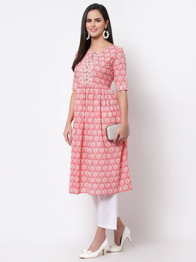 Myshka Women's Pink Printed 3/4 Sleeve Cotton Round Neck Dress | Grocsy