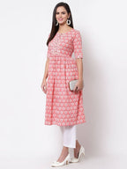 Myshka Women's Pink Printed 3/4 Sleeve Cotton Round Neck Dress | Grocsy