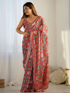 PR Fashion Red Georgette Digital Print With Mirror Work Saree | Grocsy