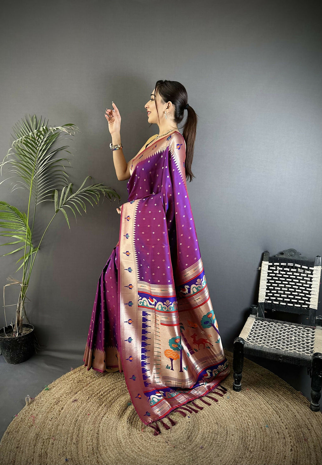 Joban Fashion Magenta Peacock & Floral Motifs Soft Lichi Silk Kanchipuram Saree | Grocsy