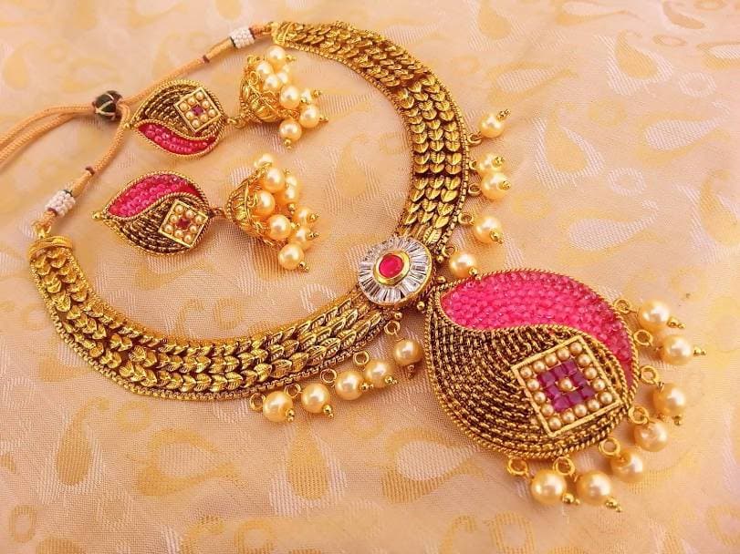 Antique Designer Necklace Set with Pearl Drops | Grocsy