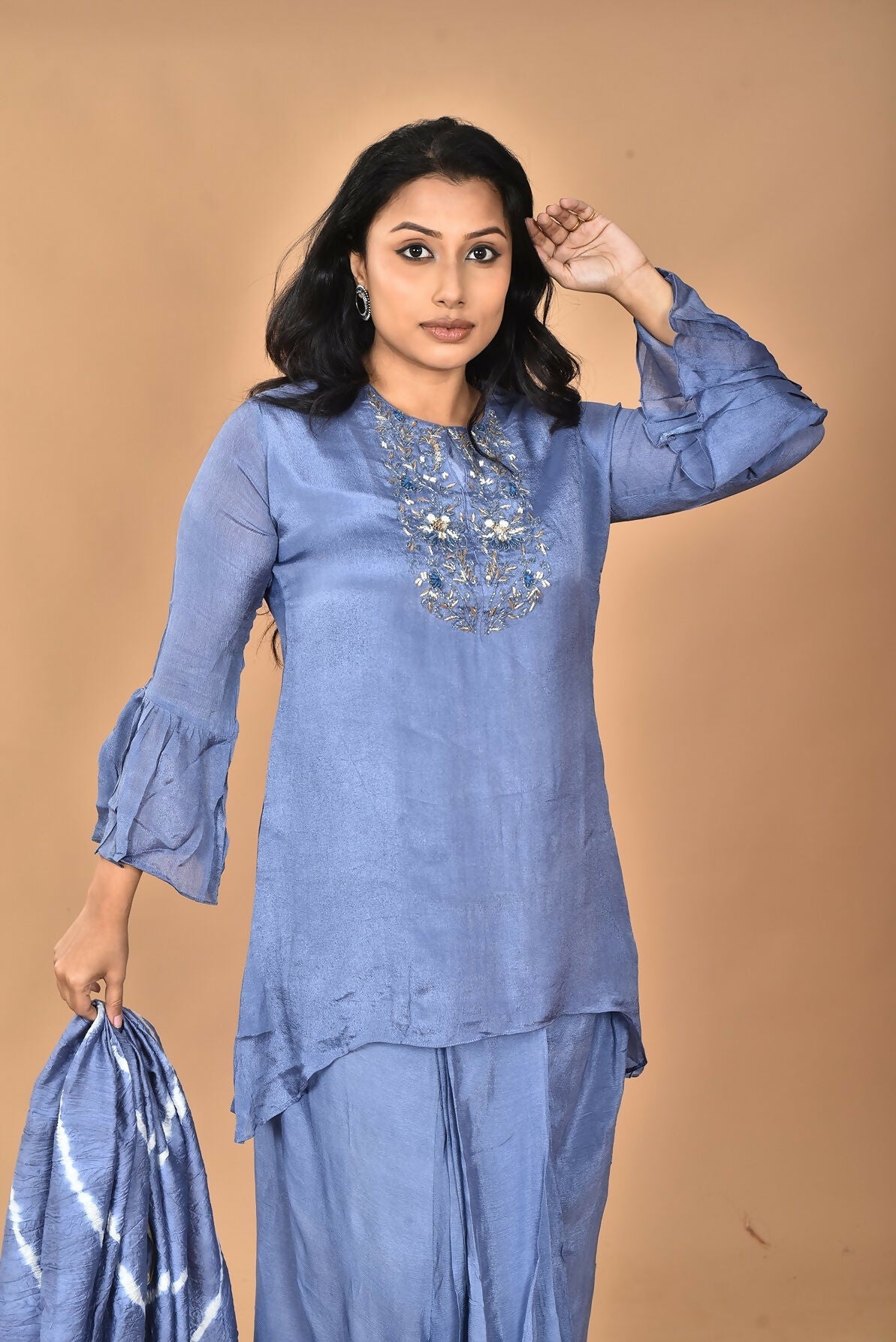 Morchari Women And Hand Embroidery Palazzo Set-Grey | Grocsy