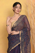 Very Much Indian Pure Kota Cotton Handblock Printed Saree - Dark Blue | Grocsy