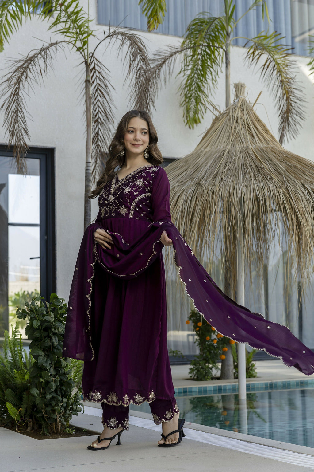 The52 Women's Beautiful Embroidery Work Vichitra Silk Fabric Flared Anarkali Pant and Dupatta Set | Grocsy