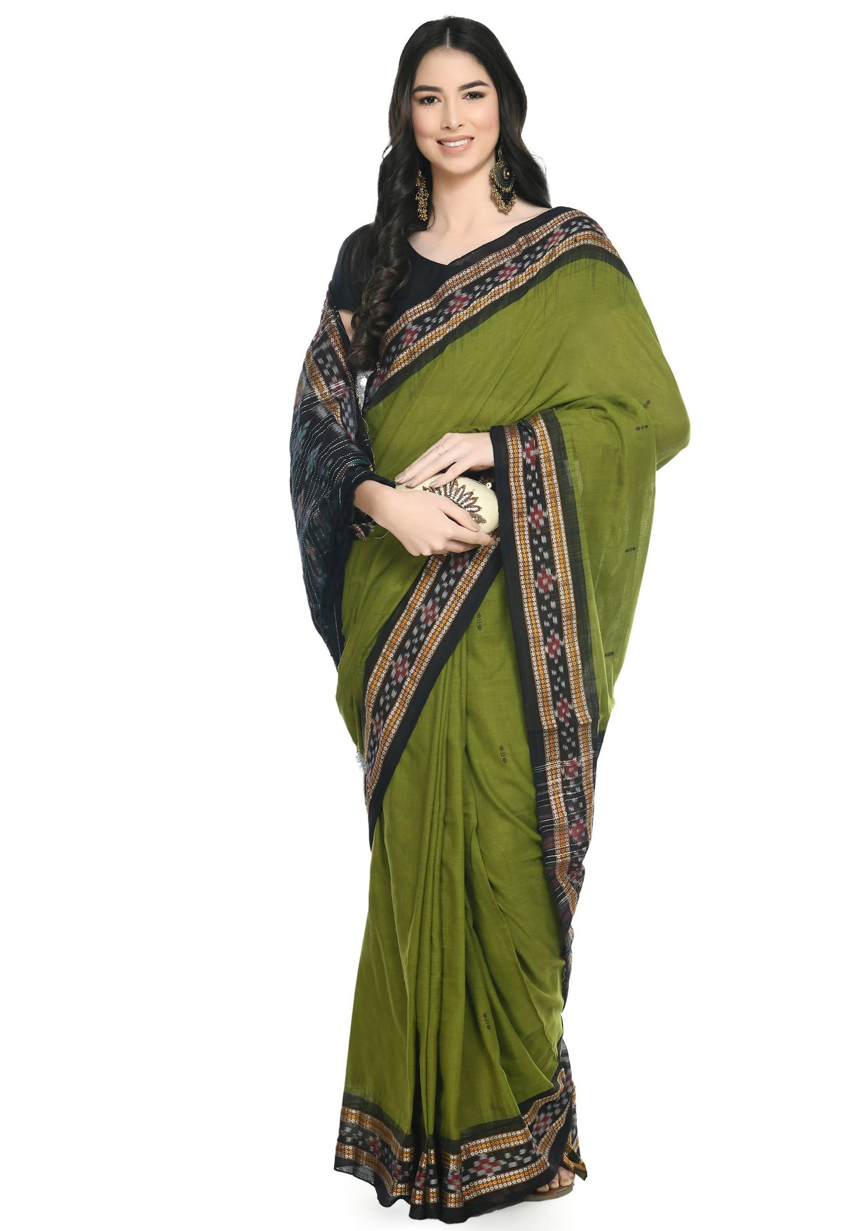 Vamika Sambalpuri Ikat Cotton Rekhabala Buti Green & Black Saree | Grocsy