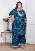 Miravan Plus Size Women'S Cotton Floral Printed V-Neck Kurta With Flared Palazzo | Grocsy