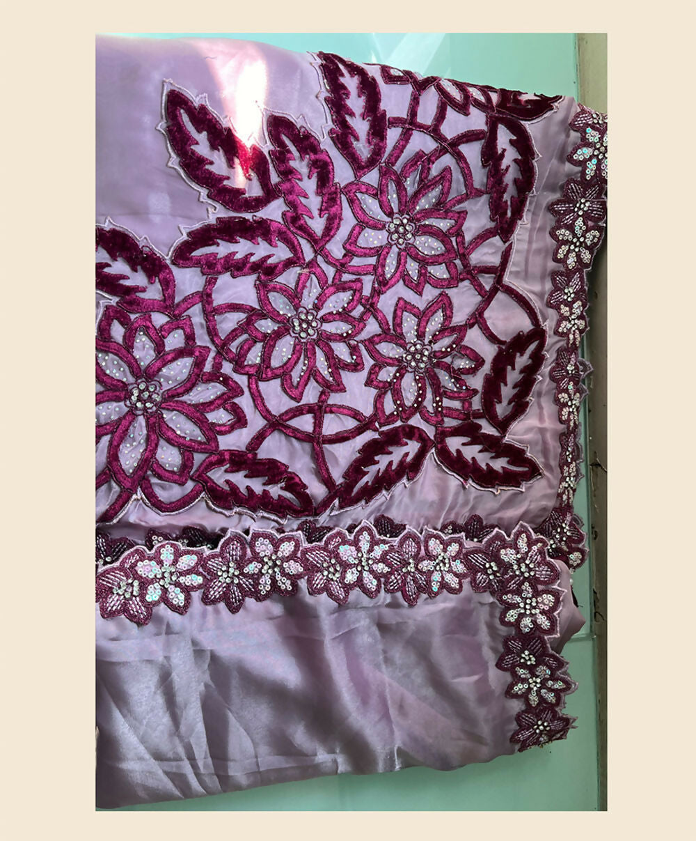 Purple Crepe Satin Silk Sequence & Cord Embroidered with Stone Work Saree - Mohmanthan Dakshika | Grocsy