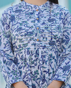 Kaajh Women's White-Blue Hand Block Printed Cotton Top | Grocsy
