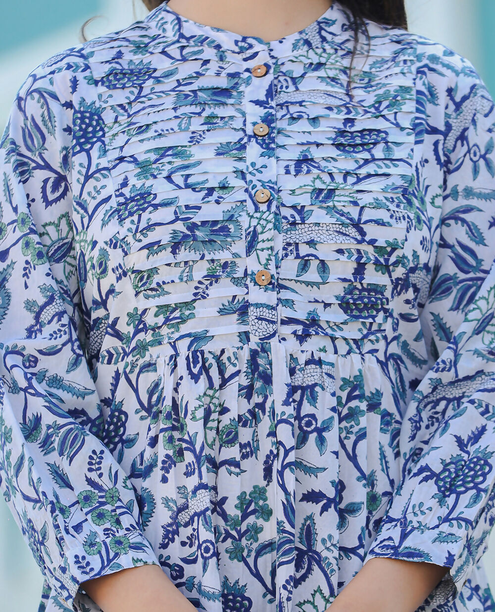 Kaajh Women's White-Blue Hand Block Printed Cotton Top | Grocsy