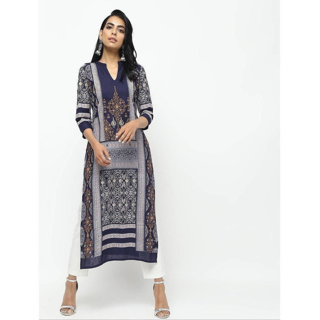 Cheera Navy Blue Straight Printed Kurta | Grocsy