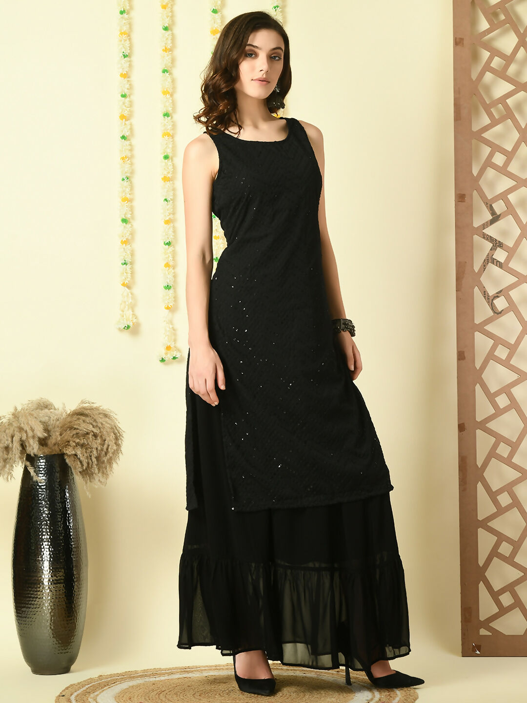 Myshka Women's Black Georgette Kurta & Skirt With Dupatta Party Sets | Grocsy