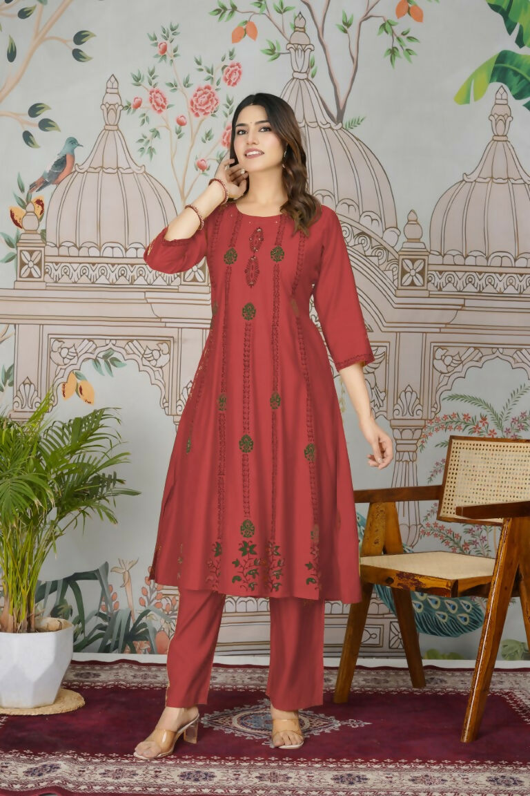 Ethnic Festive Wear Viscose Roman Silk Red Stitched Pant Pair - Rashmika | Grocsy