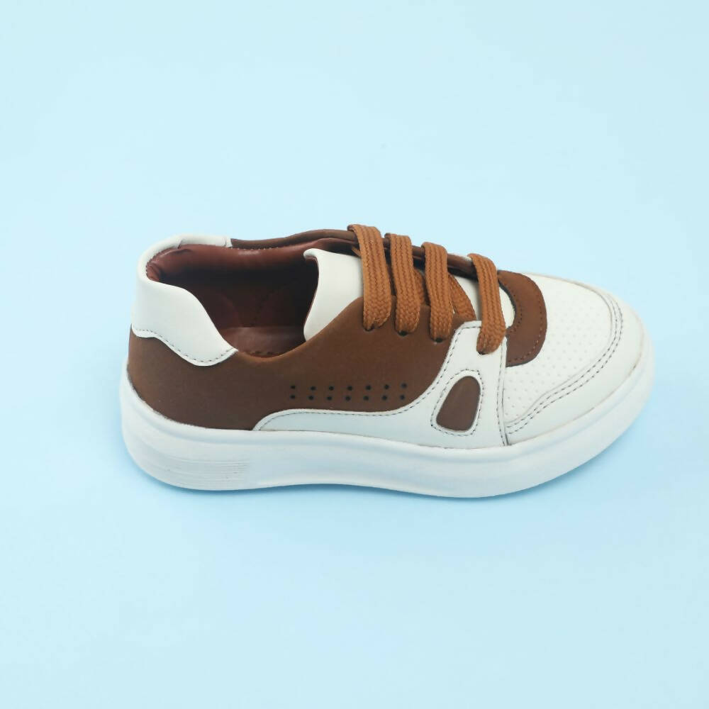 Tiny Bugs Boys Lace Up Casual Shoes - White & Brown | Grocsy