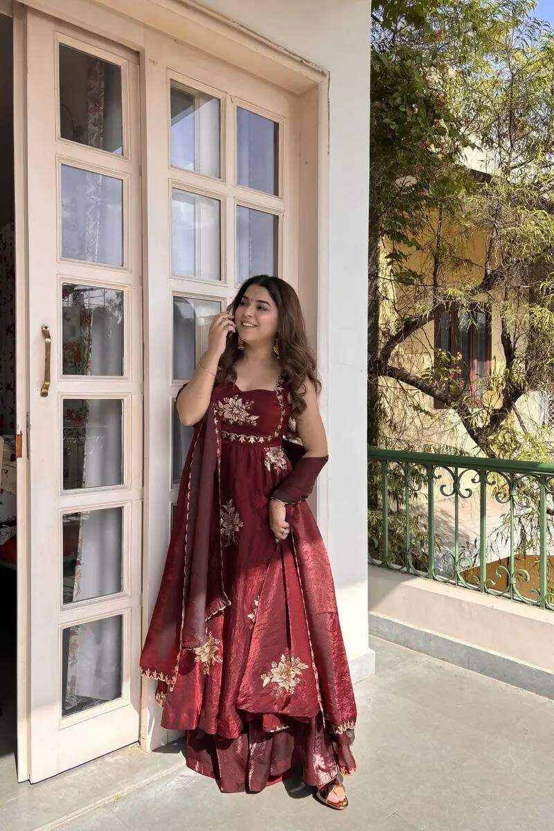 Teeya Creation Womens Best Heavy Quality Fabric With Met Sequence Embroidery Zari Work Maroon Gown Set | Grocsy