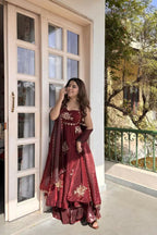 Teeya Creation Womens Best Heavy Quality Fabric With Met Sequence Embroidery Zari Work Maroon Gown Set | Grocsy