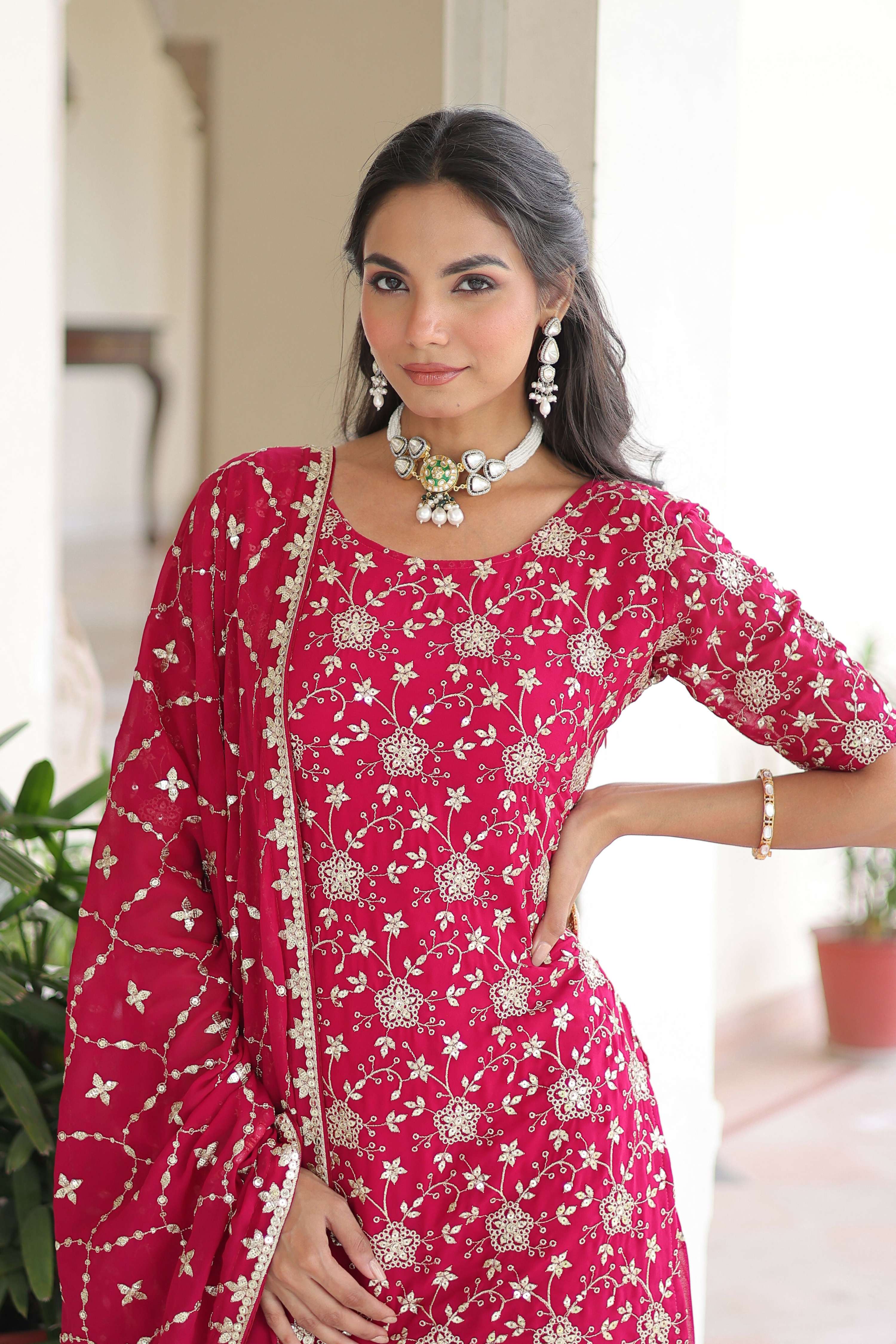 Joban Fashion Pink Readymade Kurta Set With Sequence embroidery Work | Grocsy
