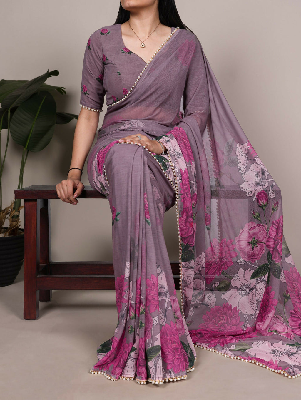 Vastranavya Grey Weightless Marble and Floral Printed Georgette Saree with Unstitched Blouse | Grocsy