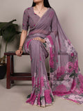 Vastranavya Grey Weightless Marble and Floral Printed Georgette Saree with Unstitched Blouse | Grocsy