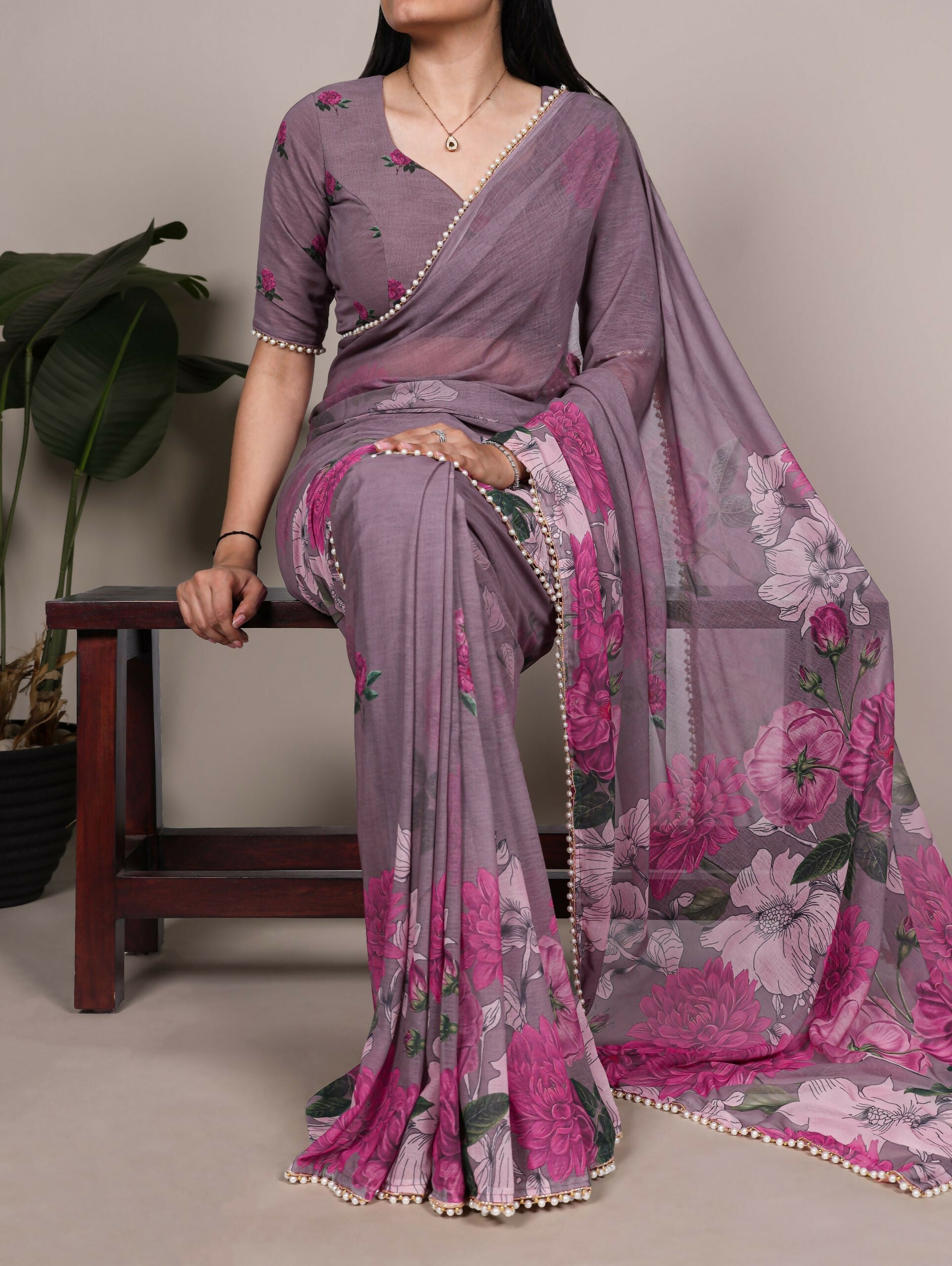 Vastranavya Grey Weightless Marble and Floral Printed Georgette Saree with Unstitched Blouse | Grocsy