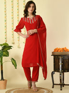 Myshka Women's Red Georgette Kurta & Trousers With Dupatta Party Sets | Grocsy