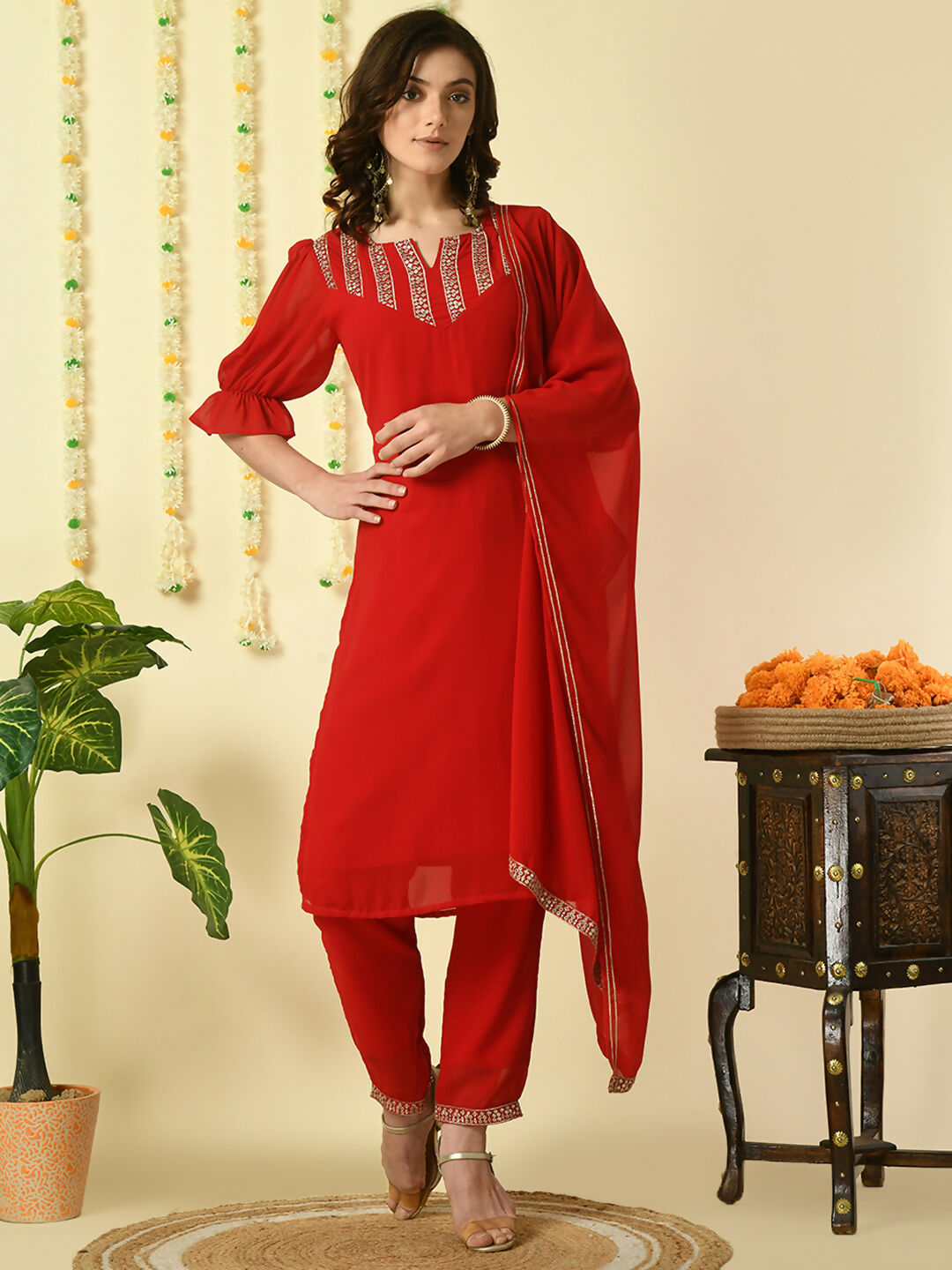 Myshka Women's Red Georgette Kurta & Trousers With Dupatta Party Sets | Grocsy