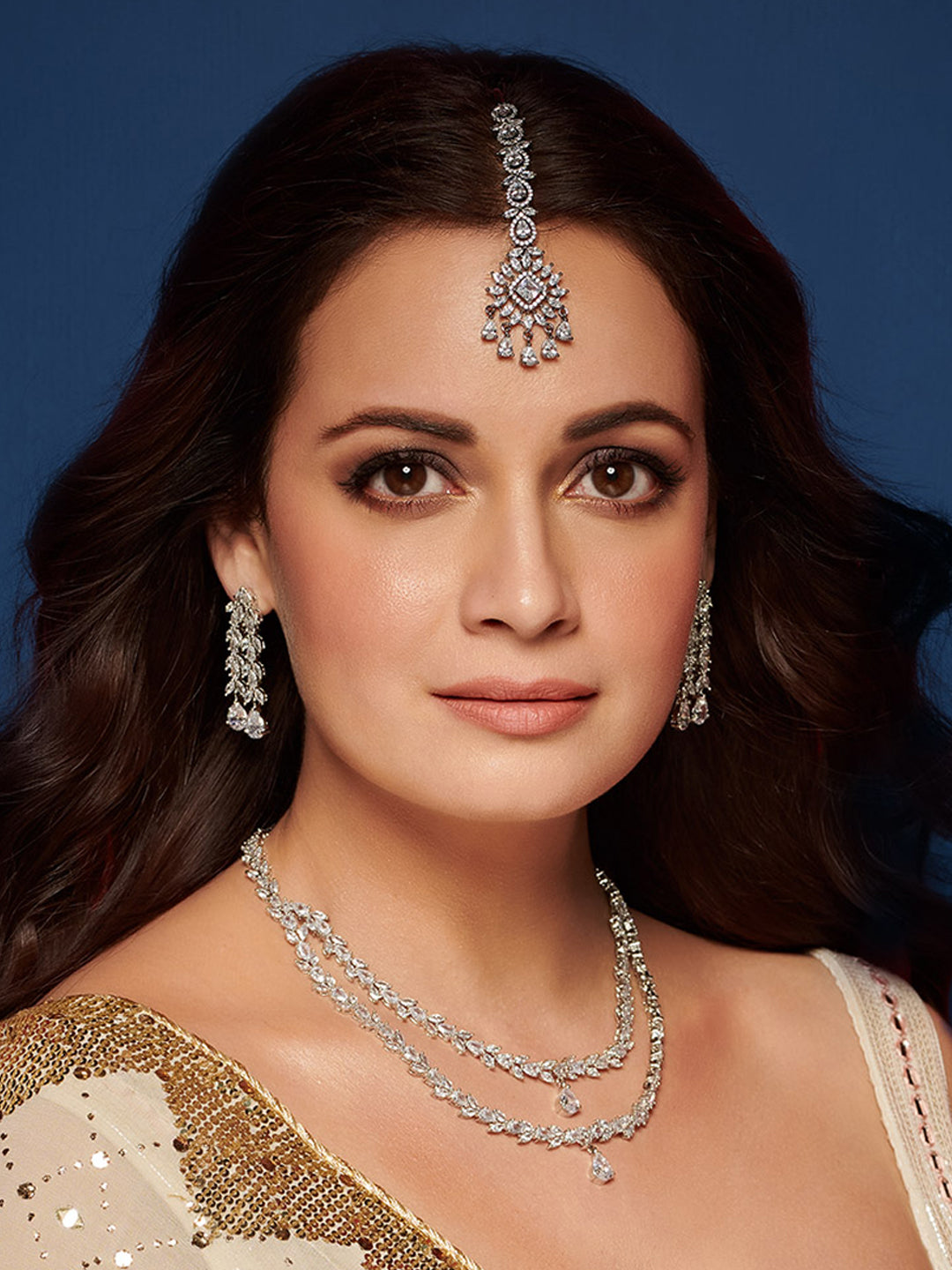 Priyaasi Women Eternal Moondust - American Diamond Silver Plated Leaf Layered Jewellery Set - Noz2Toz