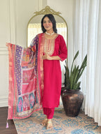 The52 Rani Gorgeous Embroidered Chanderi Silk Fabric Straight Kurta Pant with Dupatta Set | Grocsy