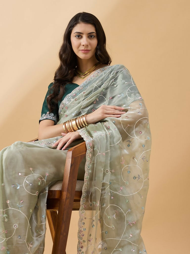 Green Organza Sequence Embroidered Saree with Unstitched Blouse - Satya | Grocsy