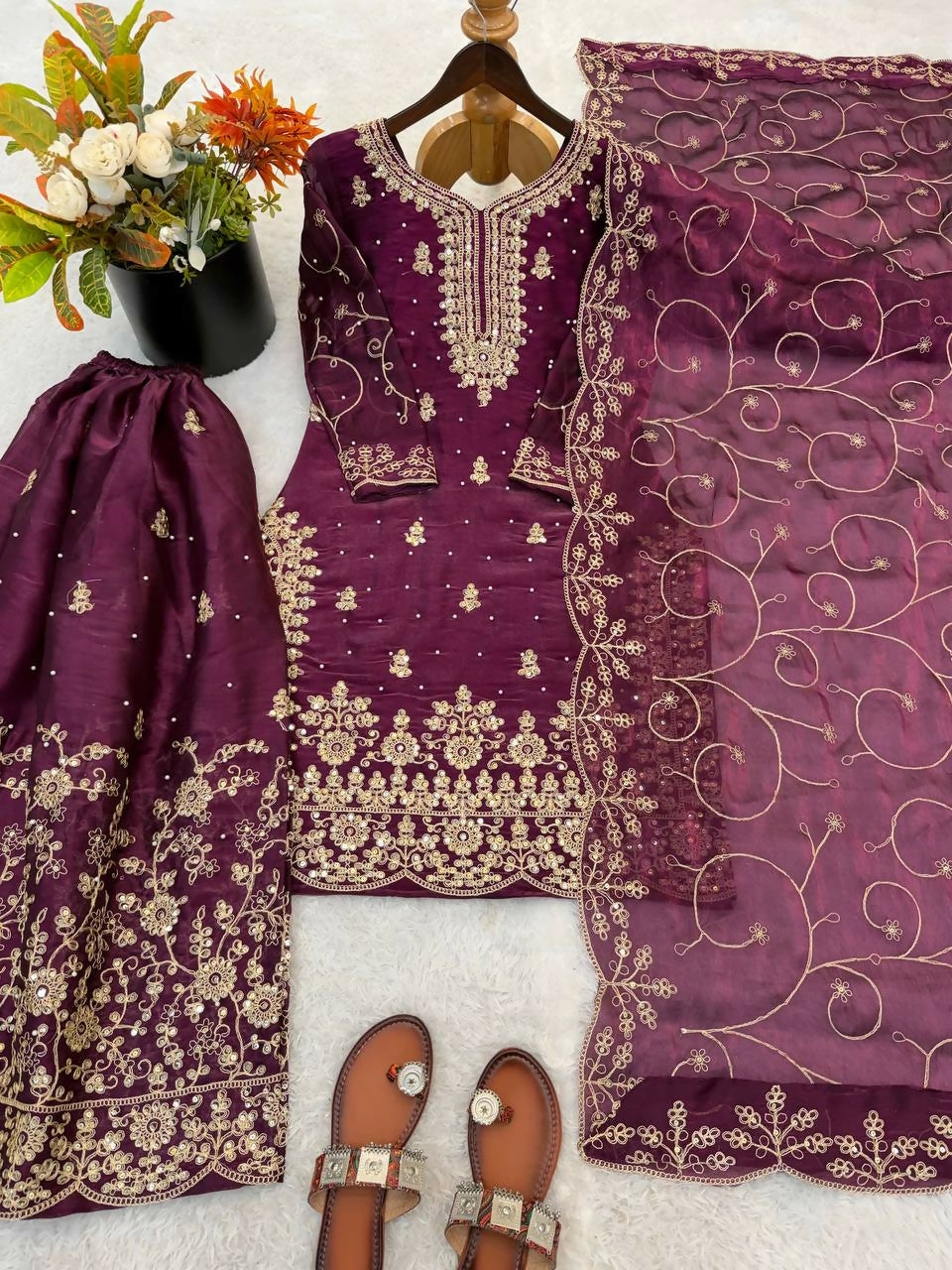 Teeya Creation Wine Color Gymmi Silk Embroidery Work Wedding Wear Sharara Set | Grocsy