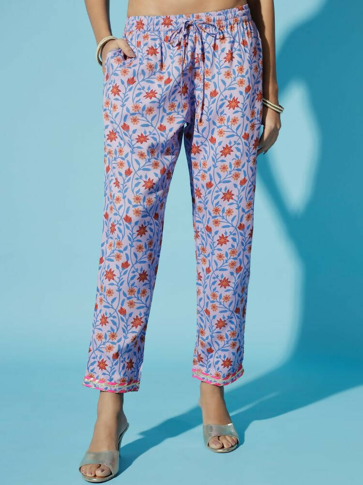 Myshka Women Lavender Printed Kurta & Trousers With Dupatta | Grocsy