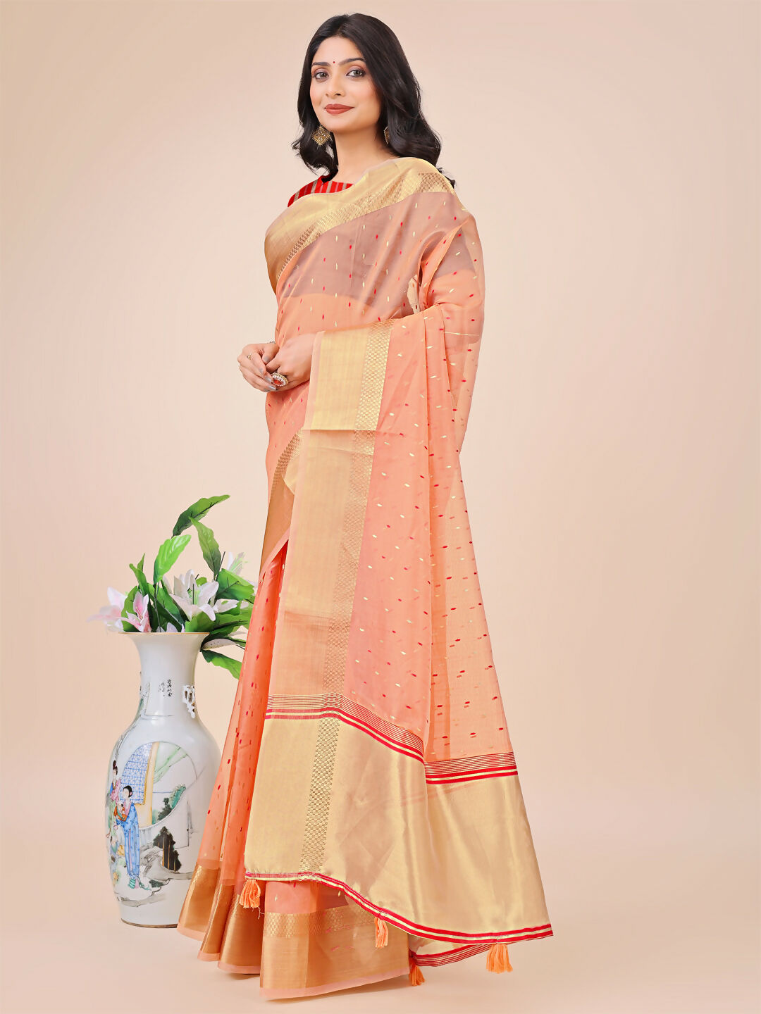 Shree Shyam Fashion Florance Peach Organza Saree | Grocsy