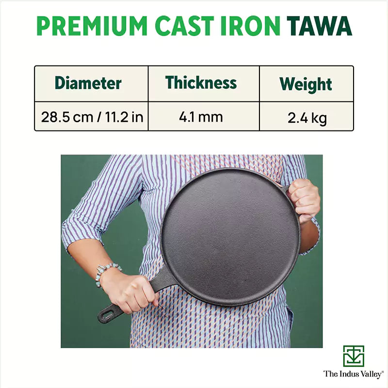 The Indus Valley CASTrong Cast Iron Tawa With Long Handle,Pre-seasoned, Nonstick, 100% Pure, Toxin-free, Induction, 28.5cm, 2.4kg | Grocsy