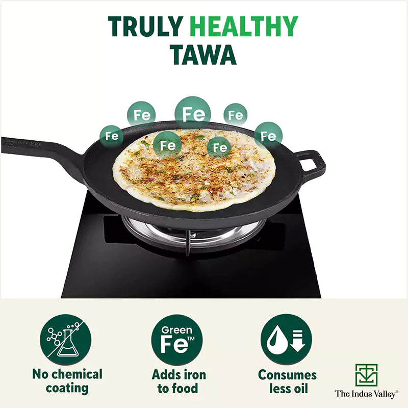The Indus Valley CASTrong Cast Iron Tawa With Long Handle,Pre-seasoned, Nonstick, 100% Pure, Toxin-free, Induction, 28.5cm, 2.4kg | Grocsy
