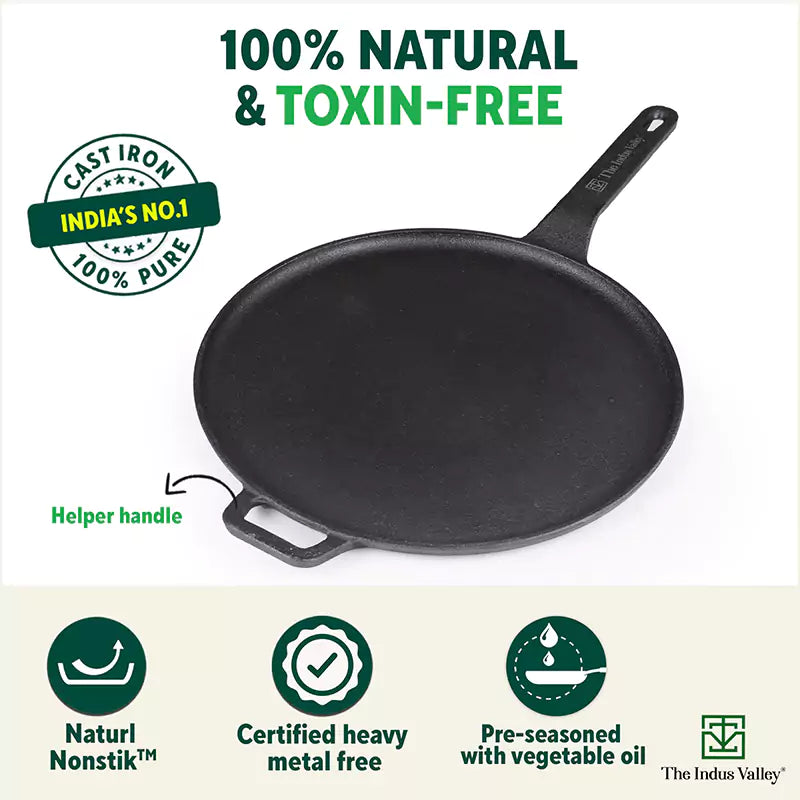 The Indus Valley CASTrong Cast Iron Tawa With Long Handle,Pre-seasoned, Nonstick, 100% Pure, Toxin-free, Induction, 28.5cm, 2.4kg | Grocsy