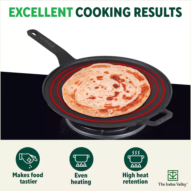 The Indus Valley CASTrong Cast Iron Tawa With Long Handle,Pre-seasoned, Nonstick, 100% Pure, Toxin-free, Induction, 28.5cm, 2.4kg | Grocsy