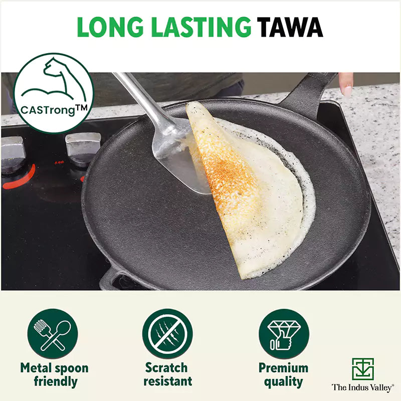 The Indus Valley CASTrong Cast Iron Tawa With Long Handle,Pre-seasoned, Nonstick, 100% Pure, Toxin-free, Induction, 28.5cm, 2.4kg | Grocsy