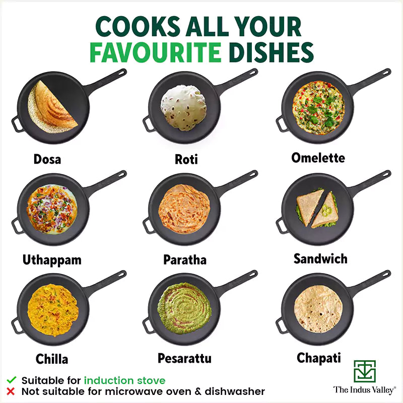 The Indus Valley CASTrong Cast Iron Tawa With Long Handle,Pre-seasoned, Nonstick, 100% Pure, Toxin-free, Induction, 28.5cm, 2.4kg | Grocsy